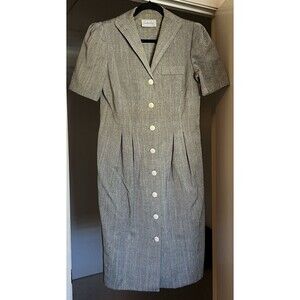 Vintage Leslie Fay Shirt Dress Sleeve 80s Gray Pinstripe Button Front Pleats